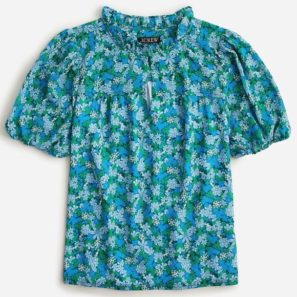 J. Crew Ruffle Trim Short Sleeve Top Hyacinth Fields XS blue floral blouse flowy - Picture 1 of 12